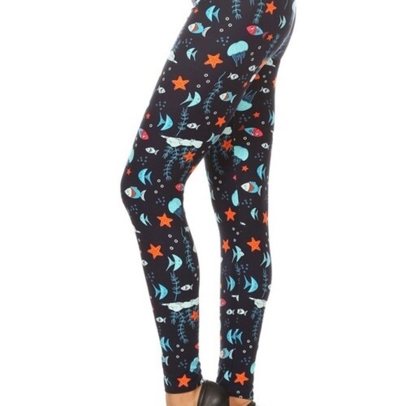 5/$25 Zinati Navy Blue Leggings w OCEANS ALIVE / Sea Life PS PLUS SIZE New - Picture 1 of 5